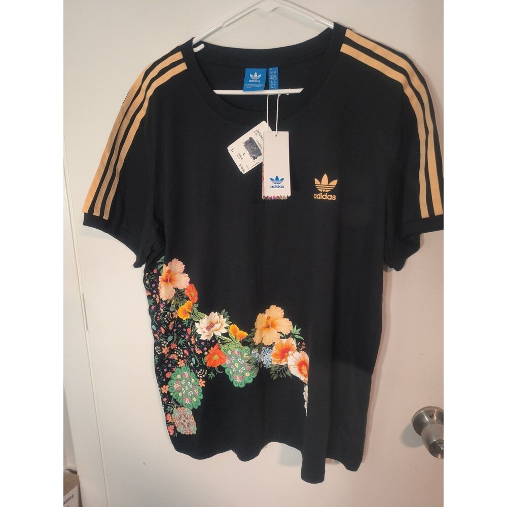Adidas Women Jardim A Black Graphic Tee Crew Neck Short Sleeve 3 Tan Stripes L